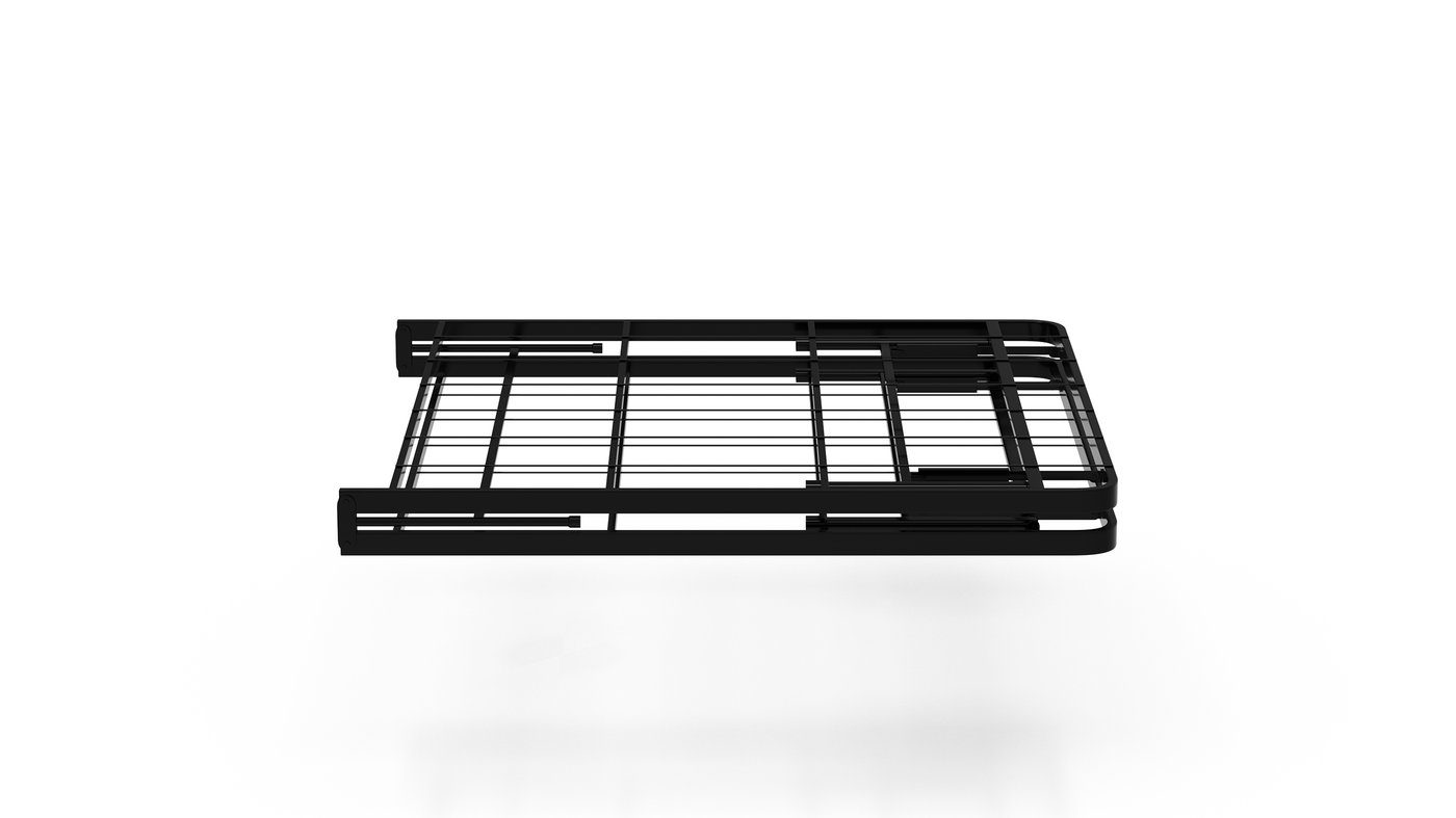 Folding steel bed base, shown partially collapsed for storage or transport