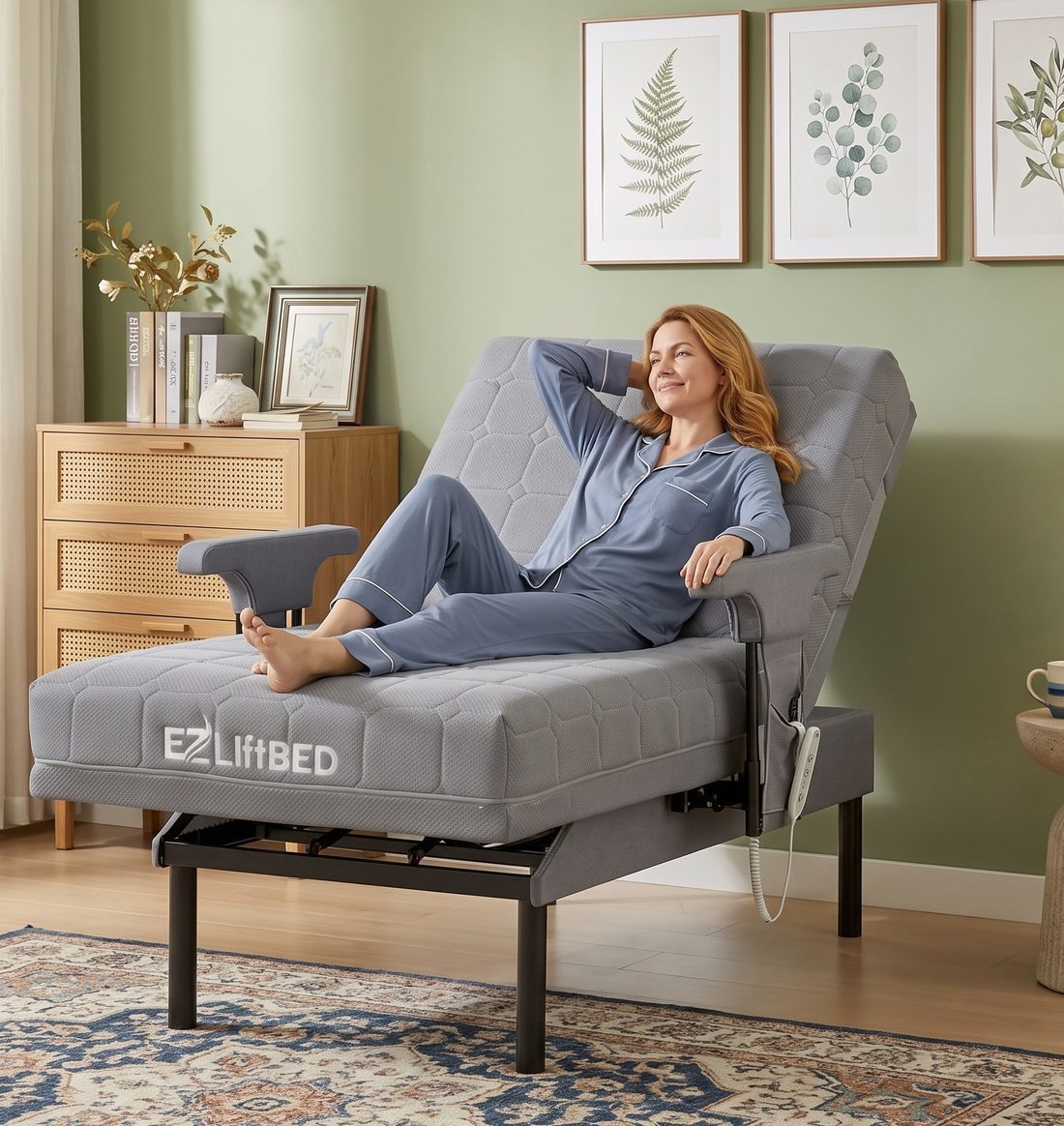 A person relaxing comfortably on the EZ Lift Bed reclined into a supported sitting position
