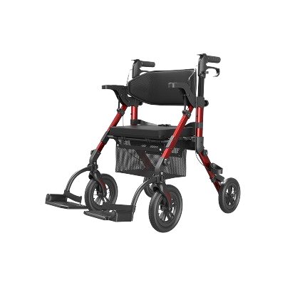 Vocic Z51 red 2-in-1 rollator and transport chair with footrests and mesh basket