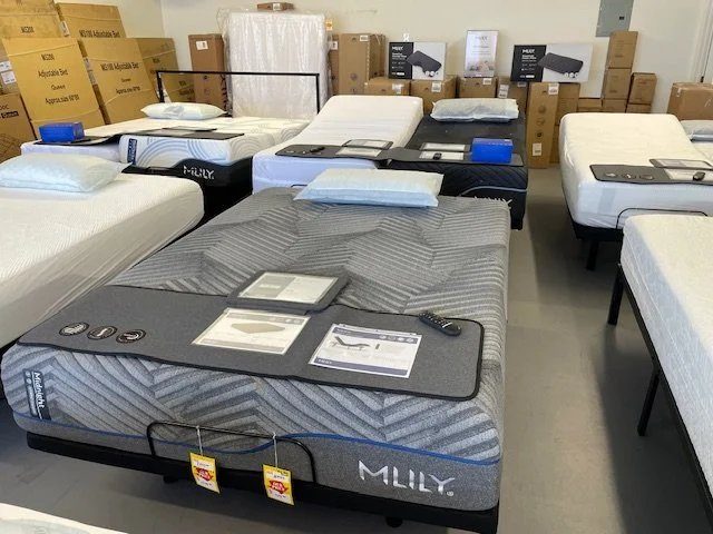 Route 66 Sleep & Home Center inventory — MLily mattresses stocked in the Kingman warehouse